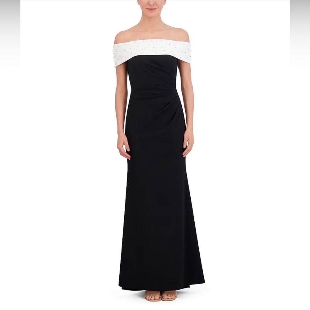 Stretch Scuba Crepe Pearl Embellished Off-The-
Shoulder Sleeveless Mermaid Gown